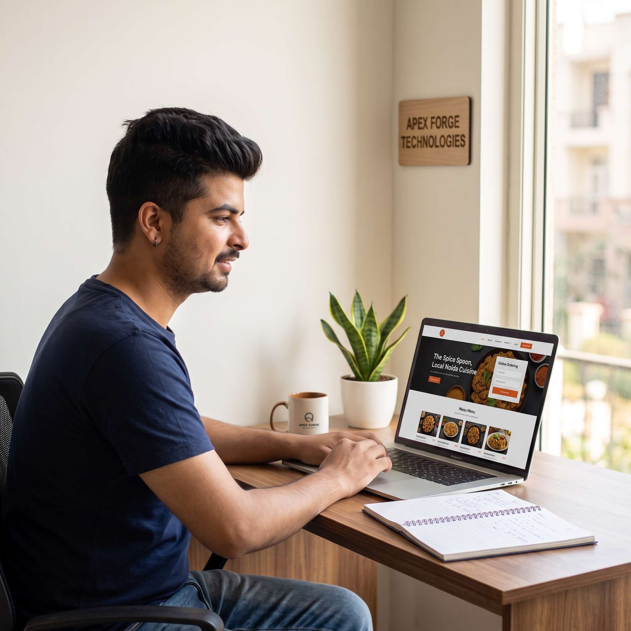 Pravesh, the software engineer behind Apex Forge, reviewing a client demo website at his desk